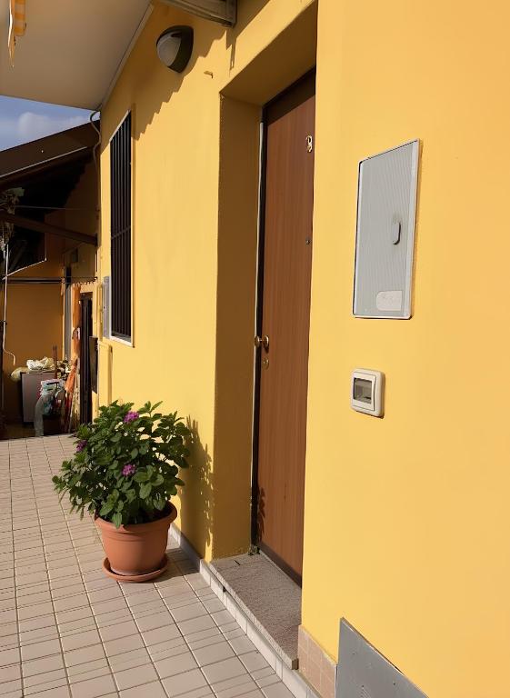 a yellow building with a door and a potted plant at Casa Samu in Cornaredo