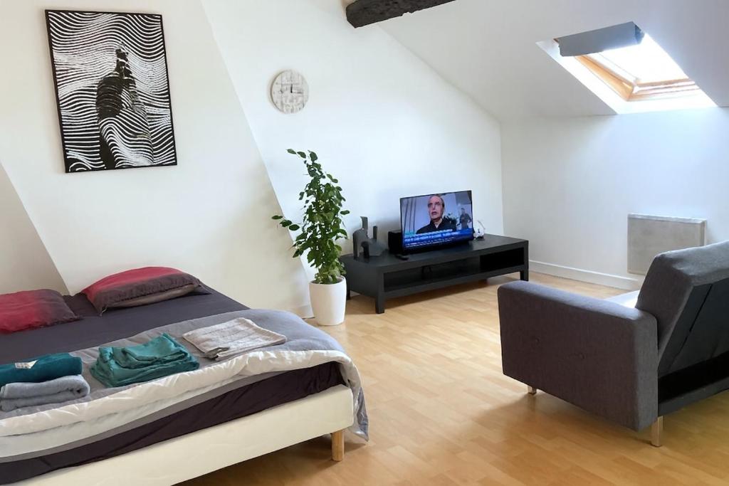 La Celle-sous-GouzonにあるStudio 3 Apartment with Unique Cathedral Viewのベッドルーム(ベッド1台、テレビ、椅子付)