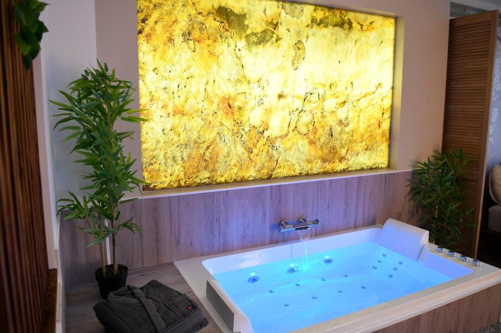 a bathroom with a tub with a painting on the wall at Suite - Le Lotus de Conflans in Conflans-Sainte-Honorine