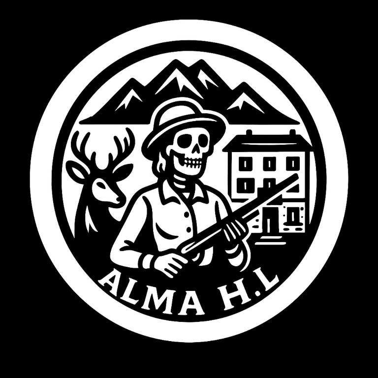 a skull in a hat holding a gun in a circle at Alma Hunting Lodge in Borca di Cadore