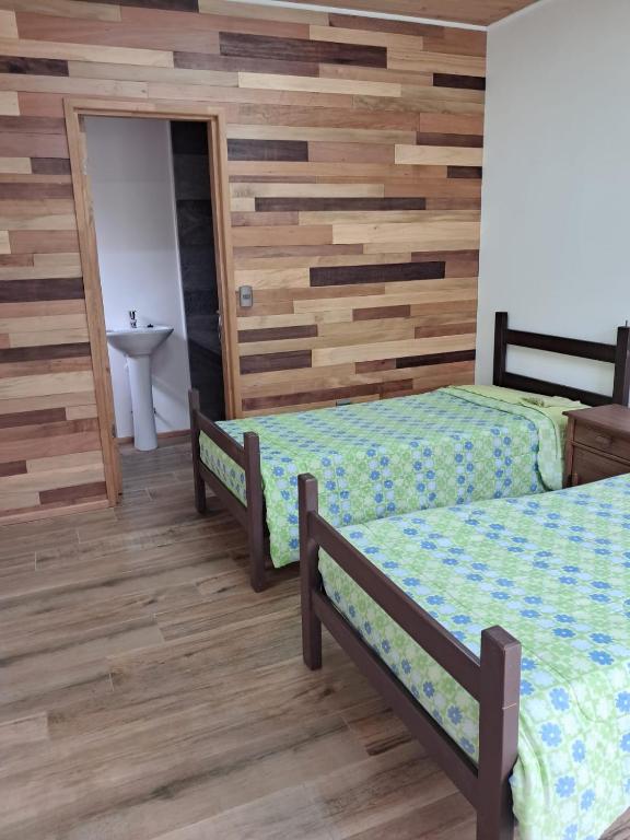 a bedroom with two beds and a wooden wall at Piezas estilo departamento en casa Pucón in Pucón