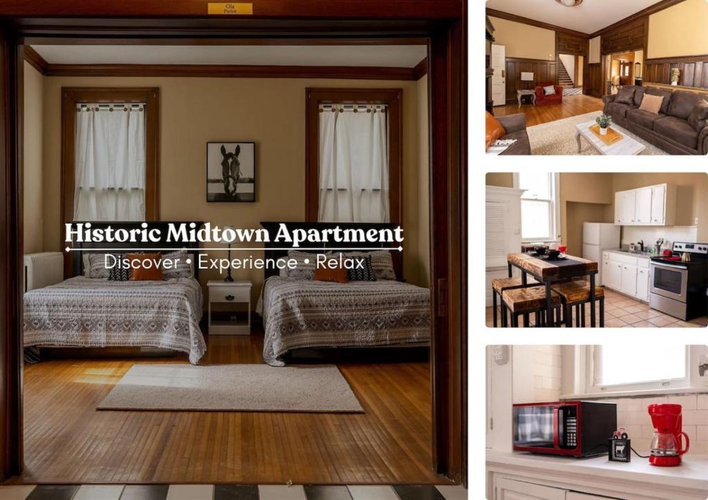 two pictures of a living room and a bedroom at Historic Midtown Apartment in Memphis