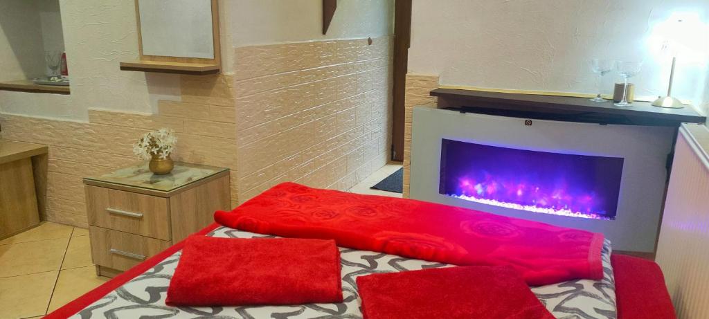 1 dormitorio con cama con almohadas rojas y chimenea en Pokoik Walentynka, en Gniezno