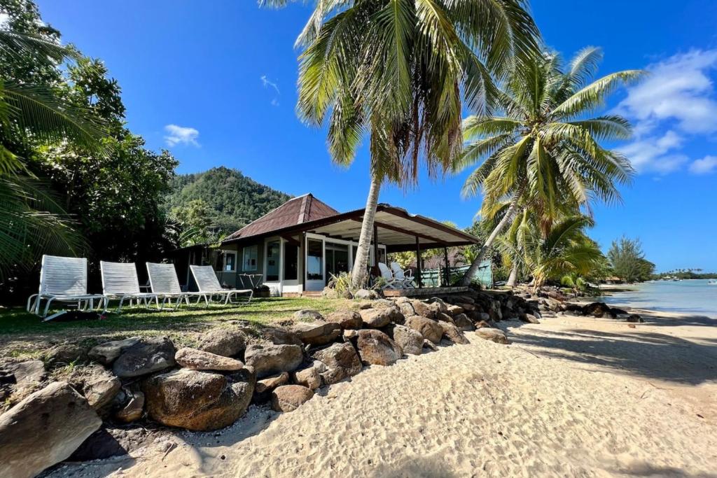 a house on a beach with two palm trees at Fare Matairoa - 2BR Beach Cottage in Iumaru