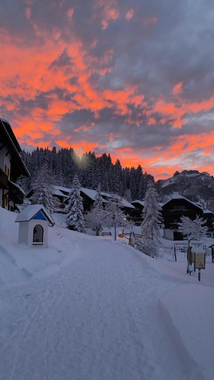 a snowy field with a sunset in the background at Hapimag Ferienwohnungen Sonnleitn in Sonnenalpe Nassfeld