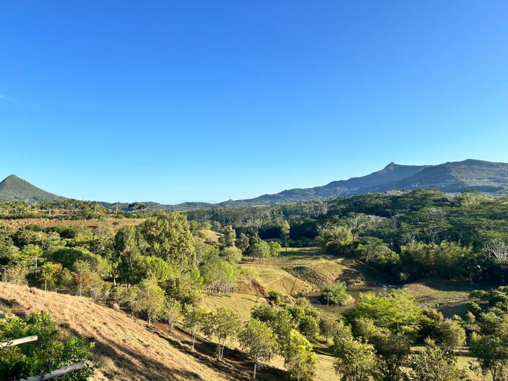 a view of a valley with mountains in the background at Chamarel - Enba Lakaz in Chamarel