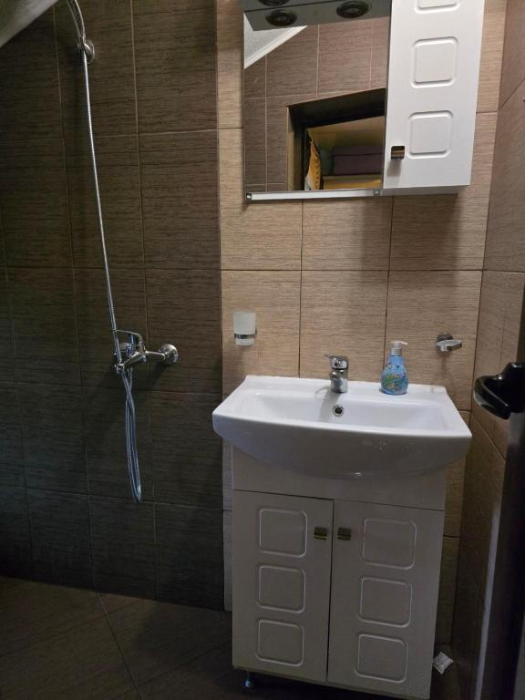 a bathroom with a sink and a shower at Стаи за гости Дани in Zlatograd