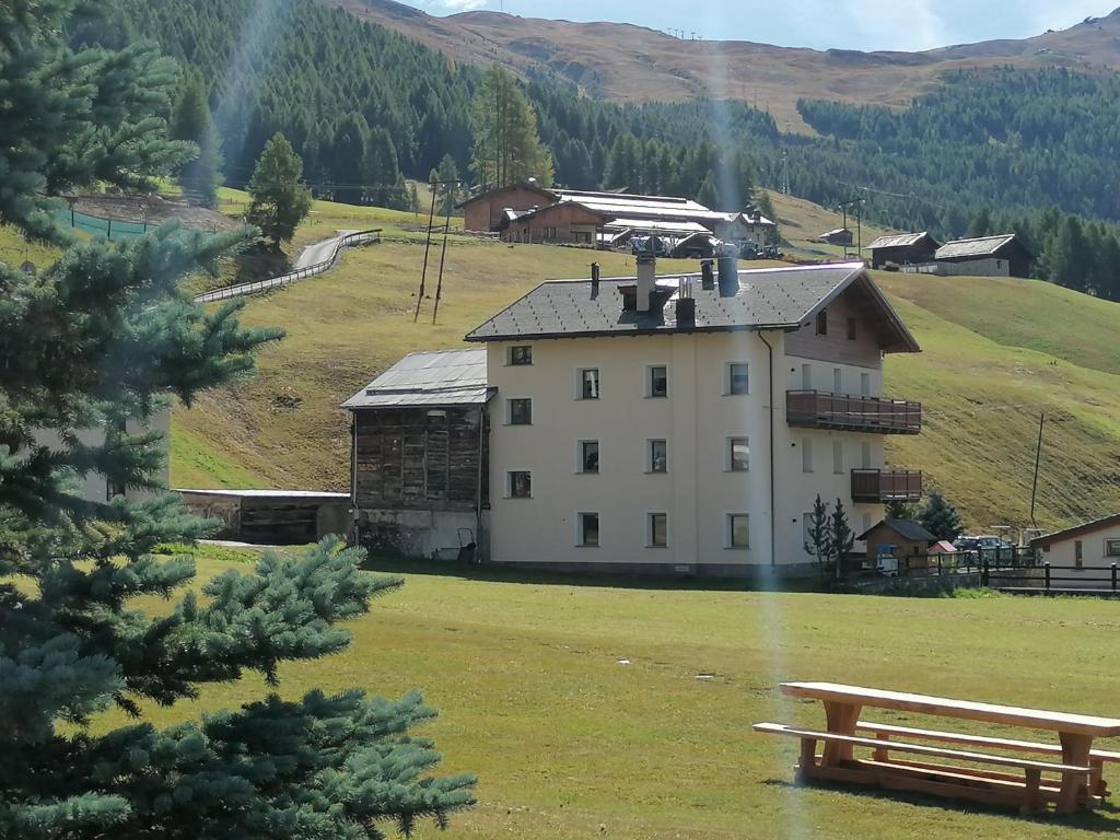 un bâtiment sur une colline avec un banc devant lui dans l'établissement Wood Apartment, à Livigno
