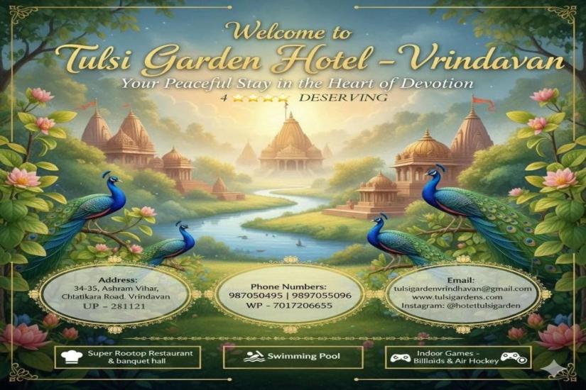 a board game with a depiction of a garden with two peacocks at Tulsi Garden- Near Prem Mandir Vrindavan in Vrindāvan