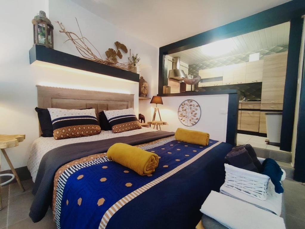 a bedroom with two beds and a large mirror at Home du salat in Salies-du-Salat