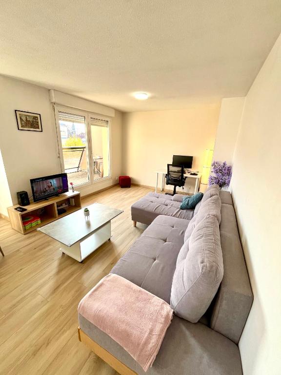 a living room with a couch and a table at Appartement Cosy & Spacieux - Centre ville in Strasbourg