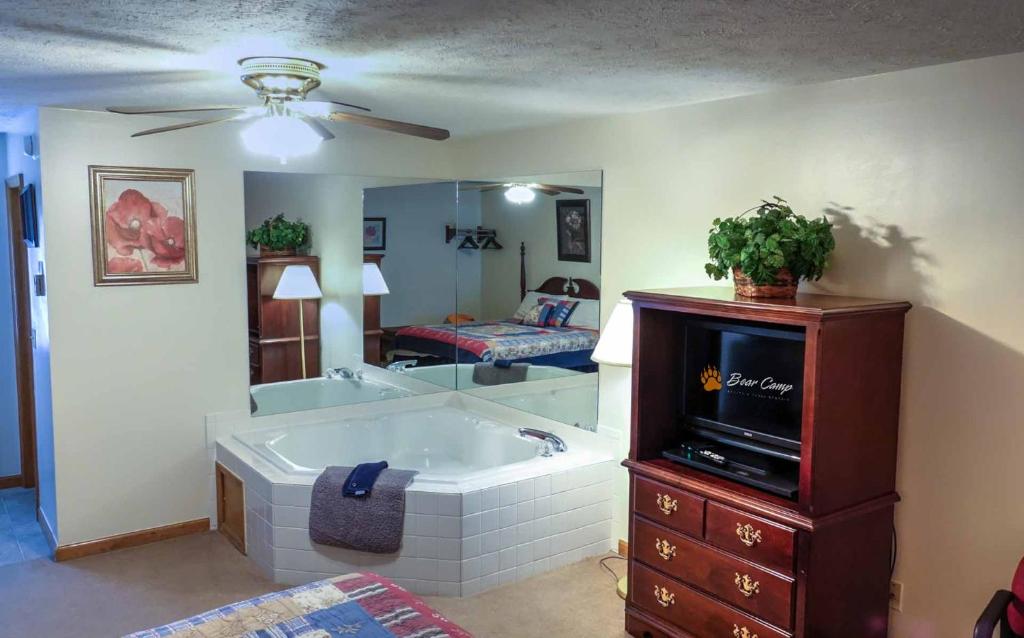 a bathroom with a tub and a tv and a bedroom at Bear Camp By The Night in Pigeon Forge