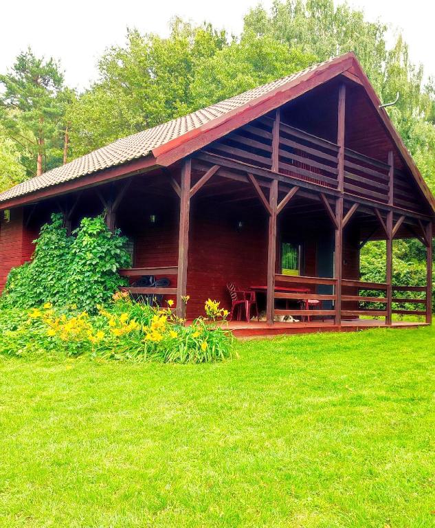 a large wooden cabin with a grassy yard at Domek Zofiówka dostęp na kod in Zofiówka