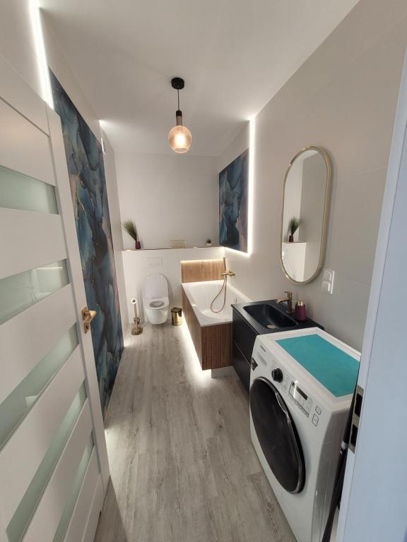 a bathroom with a washing machine and a sink at Apartament Cień Wiatru z Widokiem na Jezioro i Netflixem in Charzykowy