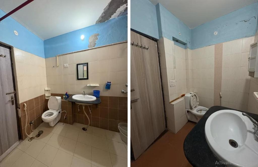 2 Bilder eines Badezimmers mit Waschbecken und WC in der Unterkunft Awaraj Home Stay in Agra