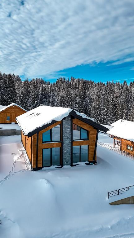 a log cabin with snow on the roof at Chata Andromeda in Oravská Lesná