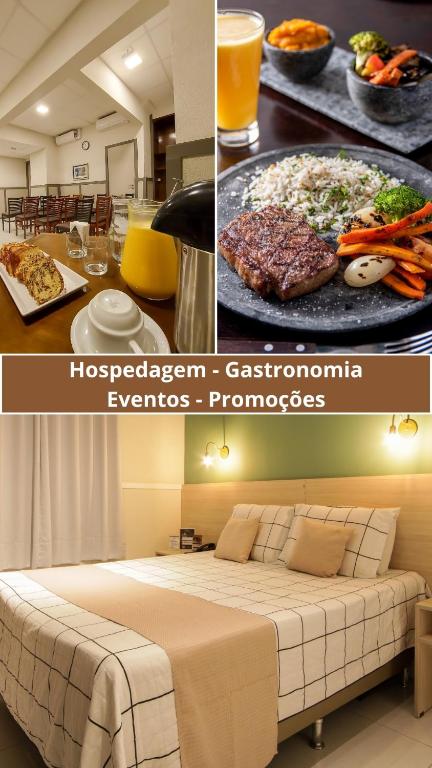 a collage of two pictures of a bed and food at Hotel Itamarati Centro-República by Rede Único in São Paulo
