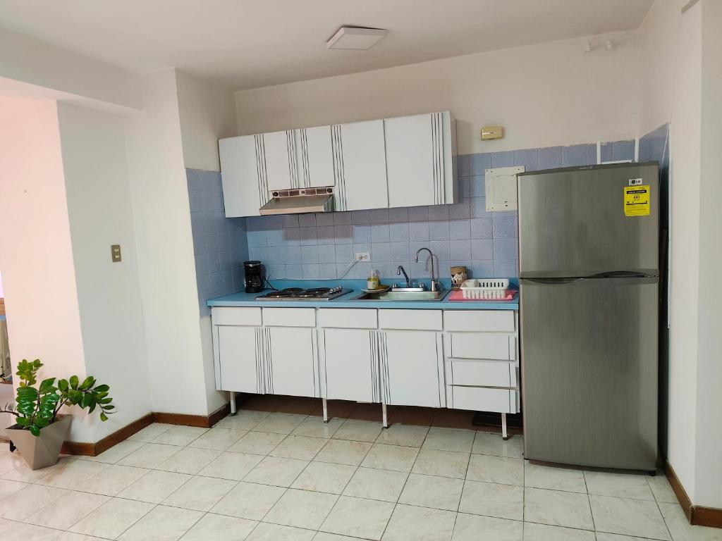 una cucina con mobili bianchi e un frigorifero in acciaio inossidabile di Alta vista Suite a Ciudad Guayana