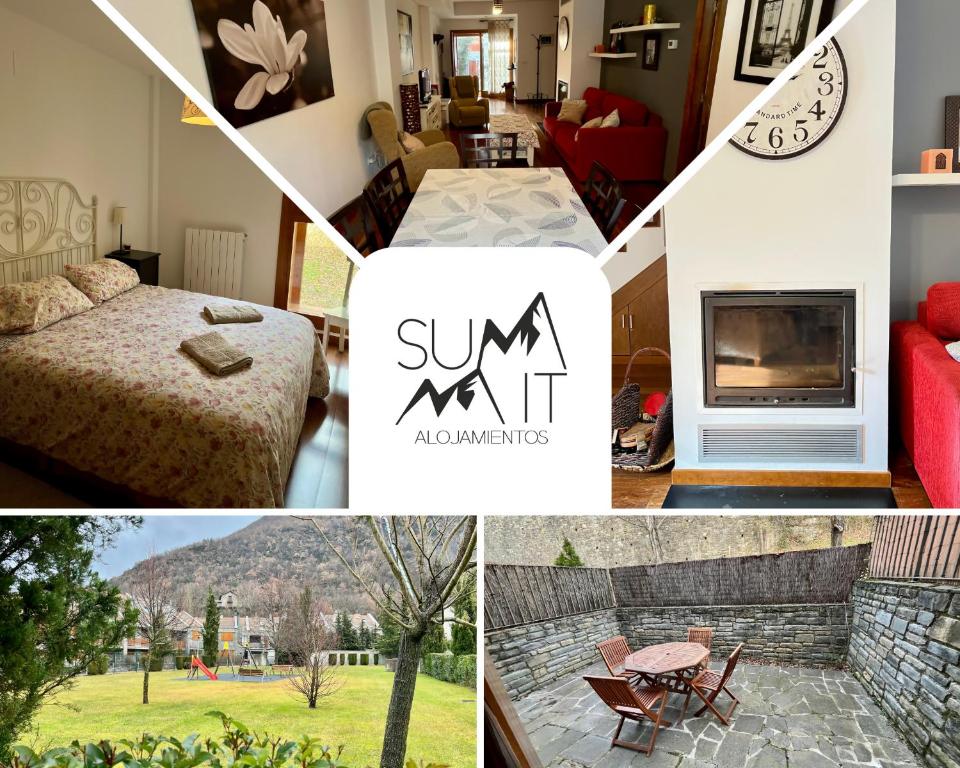 a collage of photos of a hotel room at Casa exclusiva l Chimenea l Wifi l Garaje l Pool in Biescas