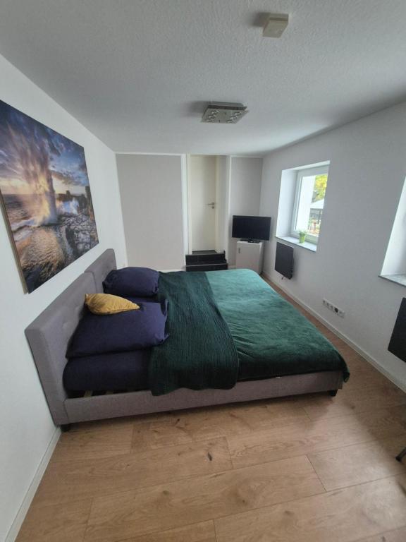 a bedroom with a large bed with a green blanket at Easy Flat in Aachen