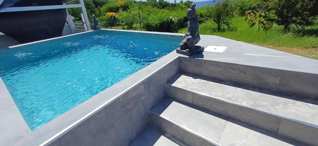a swimming pool with stairs leading into a house at Gîtes Capra Pomme Surette piscine et spa in Bouillante