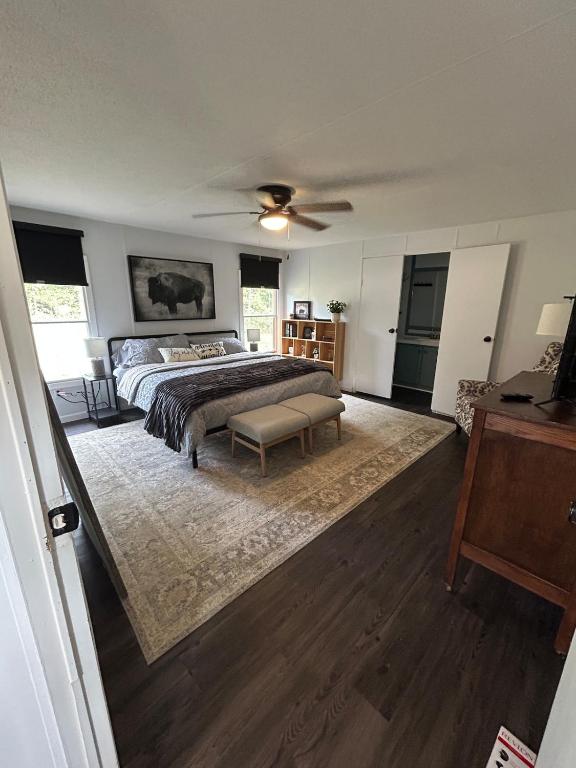 a bedroom with a bed and a ceiling fan at The Ozark Stargazer in Western Grove