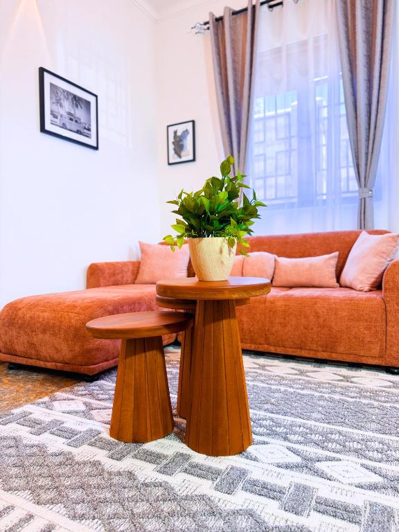 a living room with two tables with a plant on them at Five-Eight Residences in Jinja