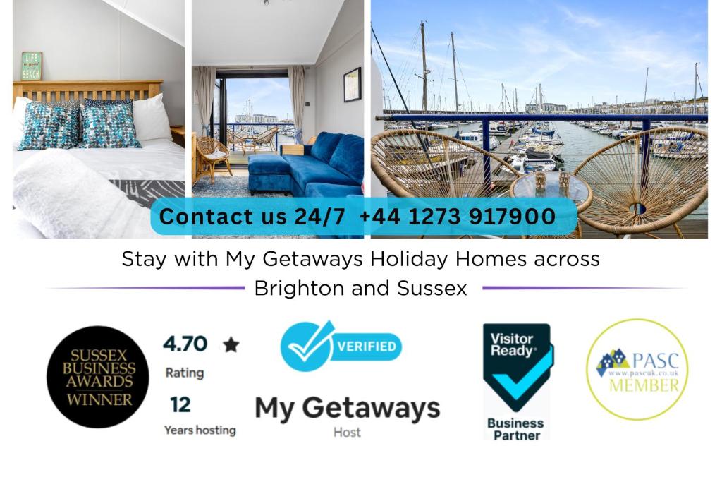 a flyer for my gateway holidays holiday homes across a marina at Brighton Water Cabin at the Marina, Free Parking By My Getaways in Brighton & Hove