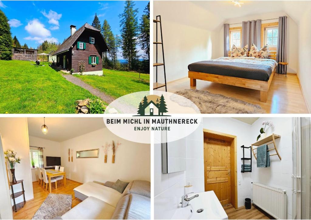 un collage de fotos de un dormitorio y una casa en Beim Michl in Mauthnereck, en Krumbach