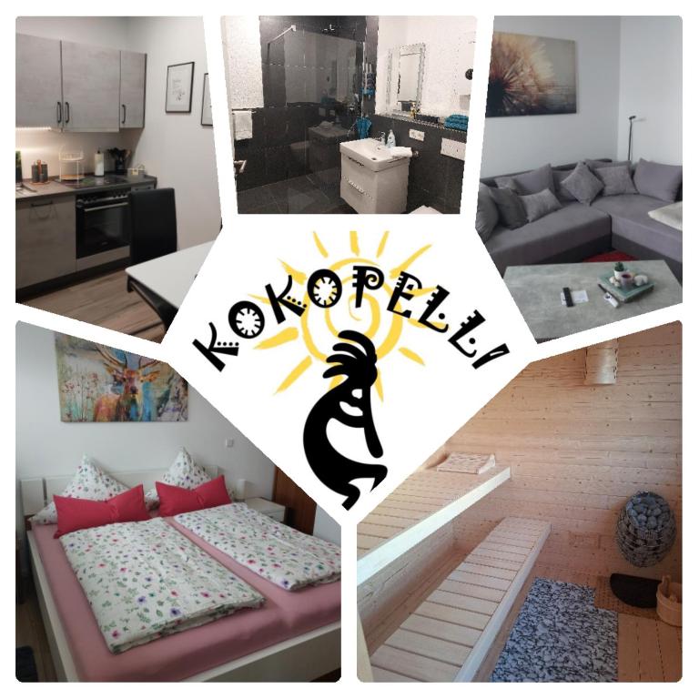 a collage of photos of a living room and a kitchen at FeWo Kokopelli Mosel Hunsrück in Gornhausen