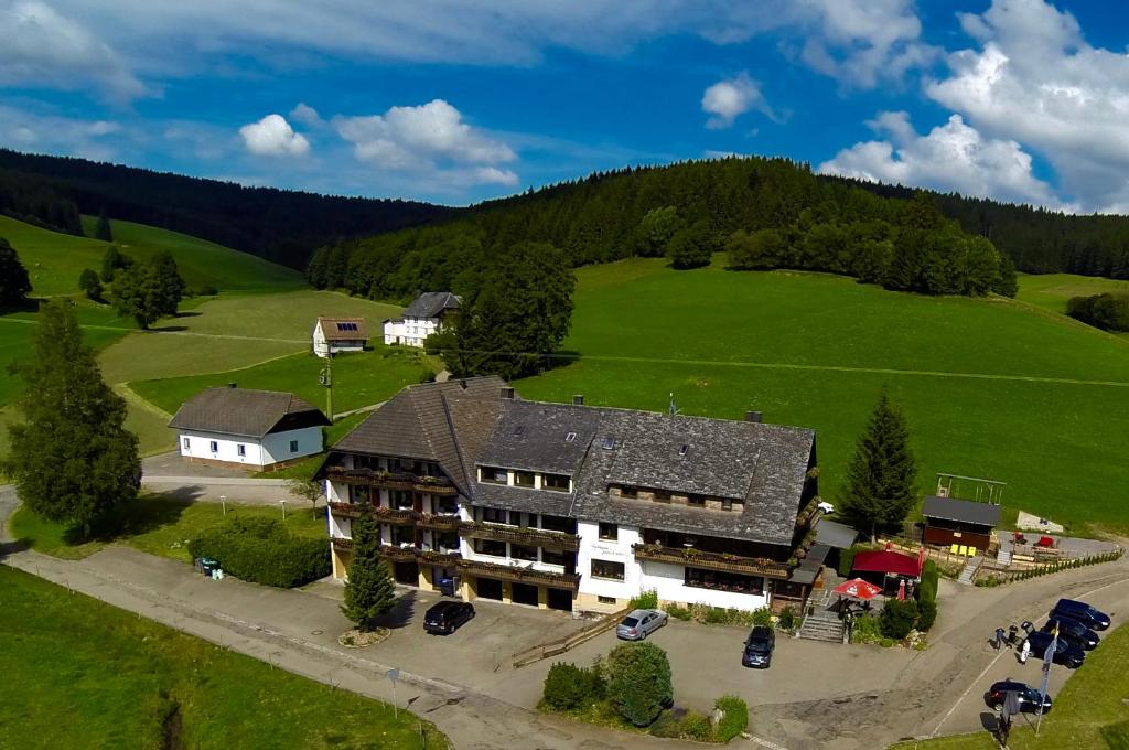 an aerial view of a house in a green field at Landgasthof Jostalstüble in Titisee-Neustadt