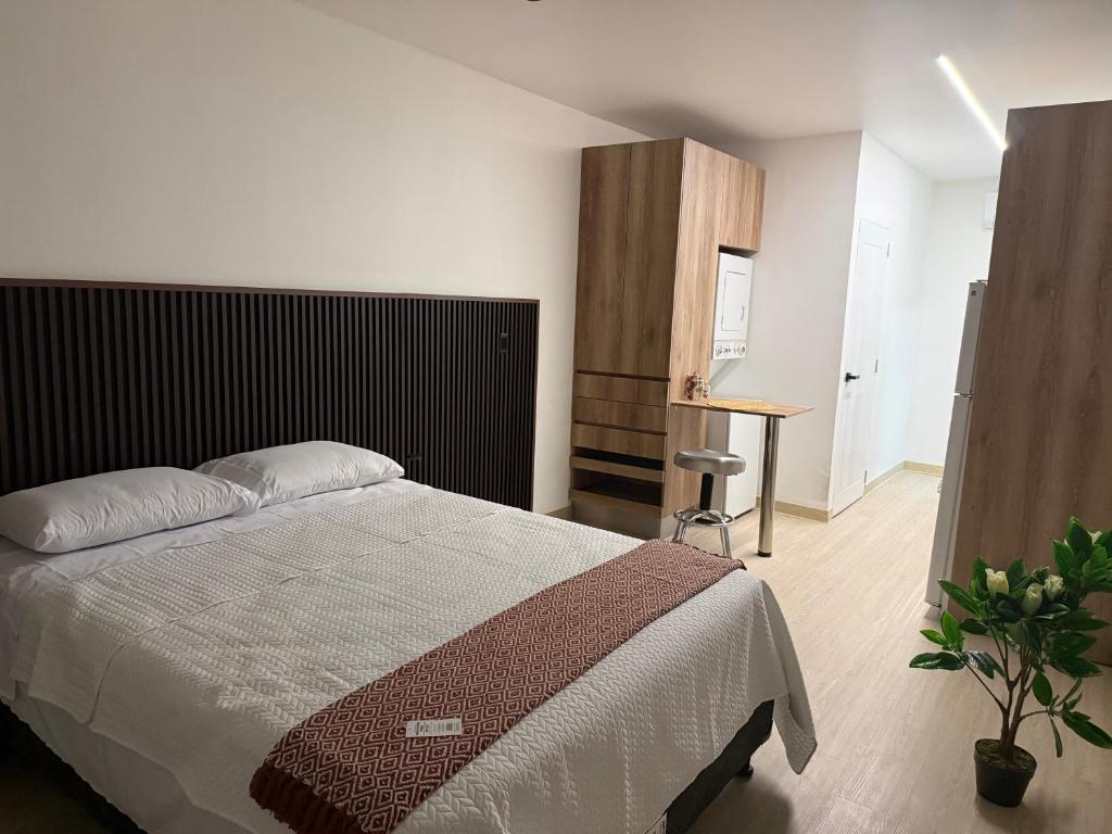 a bedroom with a bed and a desk in it at Aparta loft Sabana inn in San José