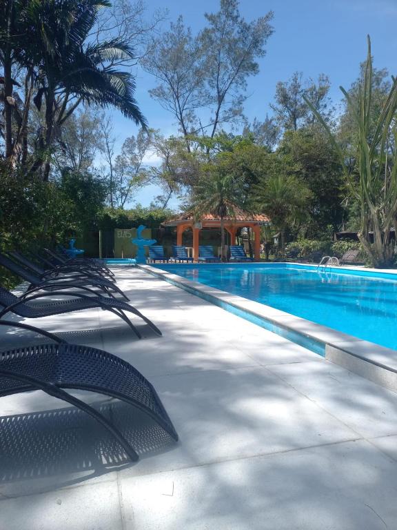 a swimming pool at a resort with palm trees at Pousada Fazendinha Tatuira in Imbé