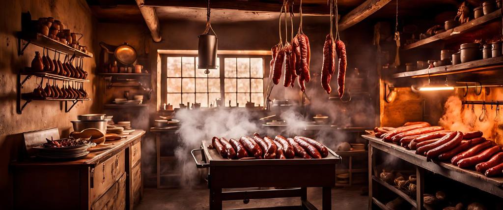 a kitchen with a bunch of sausages hanging from the ceiling at Ferryboat Inn in Pangbourne