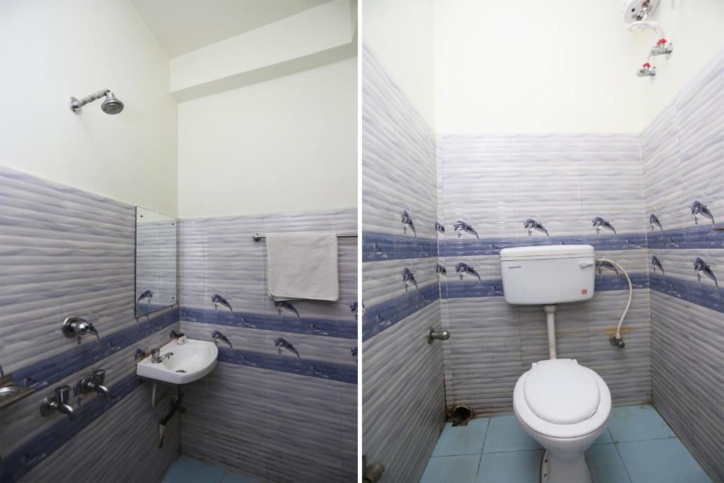 two pictures of a bathroom with a toilet and a sink at Super Hotel O Nandi Inn in Durgāpur