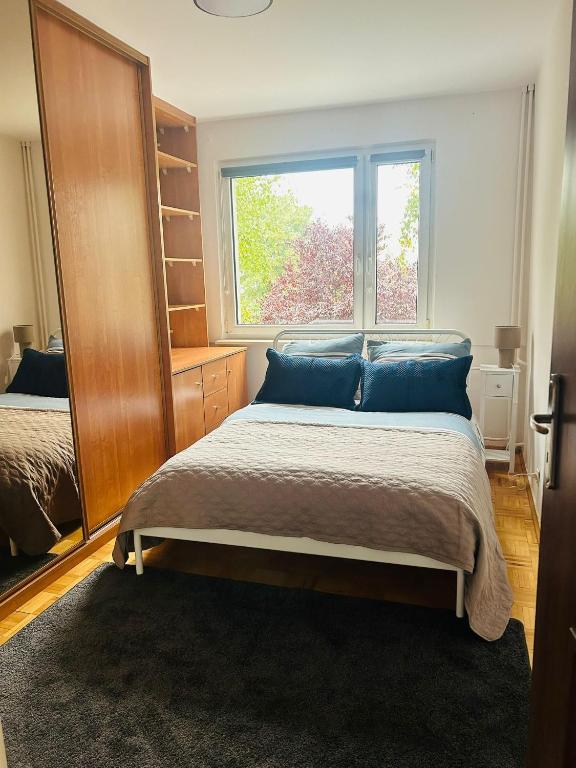 a bedroom with a bed with blue pillows and a window at Włocławek Norwida in Włocławek
