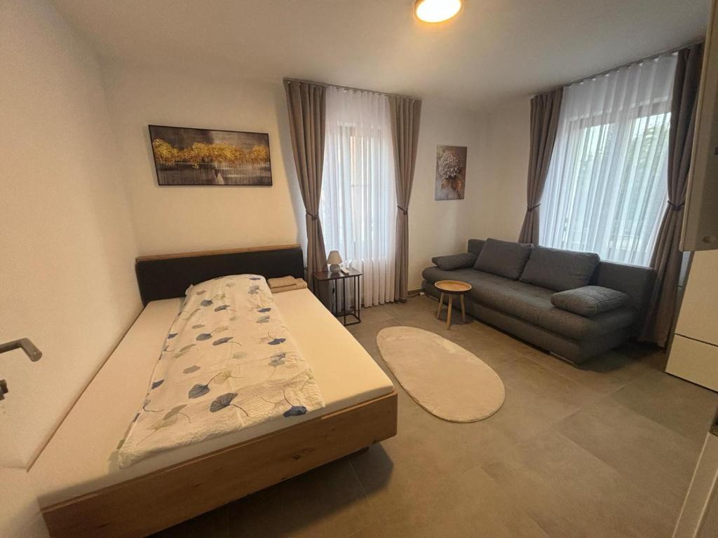 a small bedroom with a bed and a couch at Bellavista Home in Trimbach