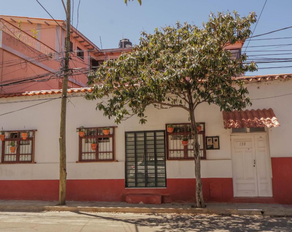 a tree in front of a building at Casa Acogedora Tarija in Tarija