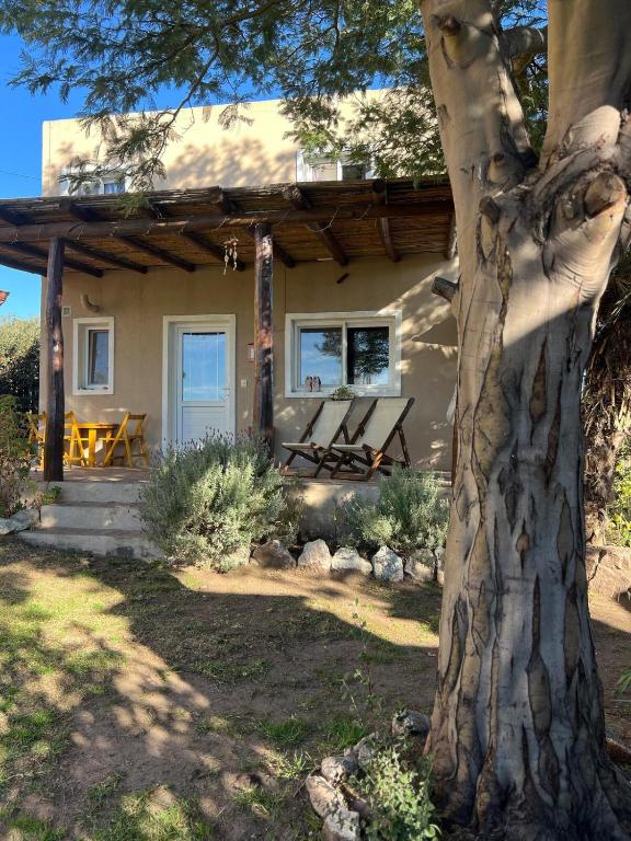 a house with a picnic table and a tree at Cabaña Paz in Capilla del Monte