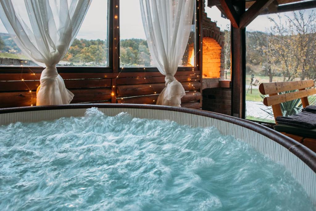 OriovčićKuća za odmor Djedov šešir的窗户前装满蓝色水的浴缸