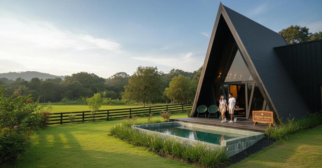 zwei Personen stehen vor einem Haus mit Pool in der Unterkunft Heritage Grand in Galgamuwa