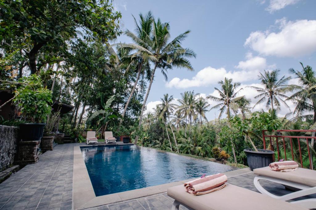 a pool at a resort with chairs and palm trees at Anggrek Sari Villa in Tabanan