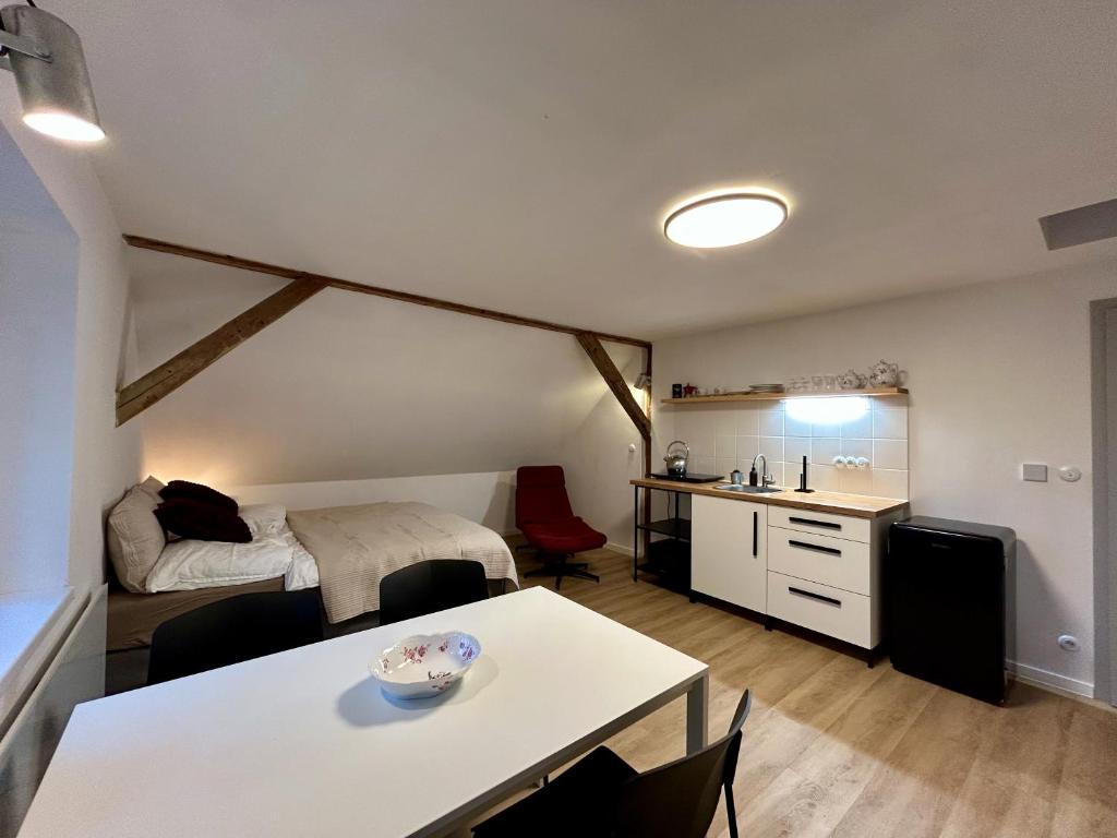 a room with a bed and a table and a kitchen at Mlýnská 53 in Kraslice