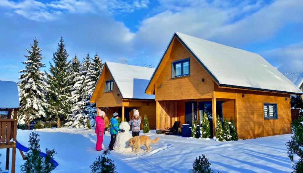 Un gruppo di persone che si trovano di fronte a una casa nella neve di Dream Home Pet-Friendly - Ogród 600m2, Las 10min a Polanica-Zdrój