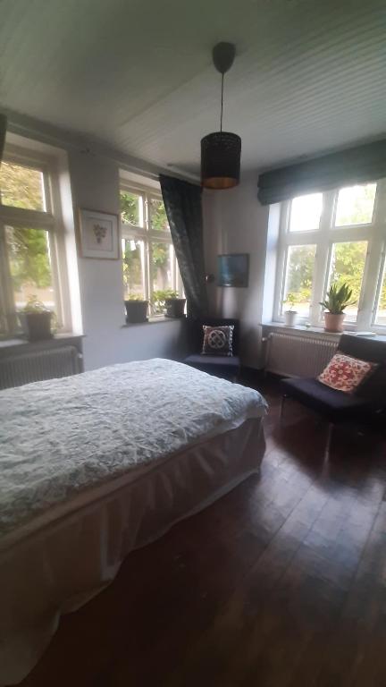 a bedroom with a bed and two windows at Strandhgårdens BBB rum 1 in Oxie