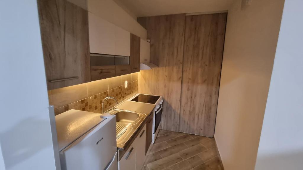 a small kitchen with a sink and a refrigerator at Stan na dan Apartman in Bor