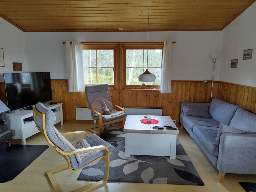 a living room with a couch and a table at Ski-in/Ski-out | Sauna | Wi-Fi | Wood stove in Lofsdalen