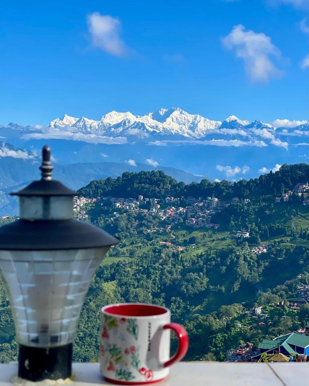 a cup of coffee and a street light and mountains at Mountain View homestay in Darjeeling