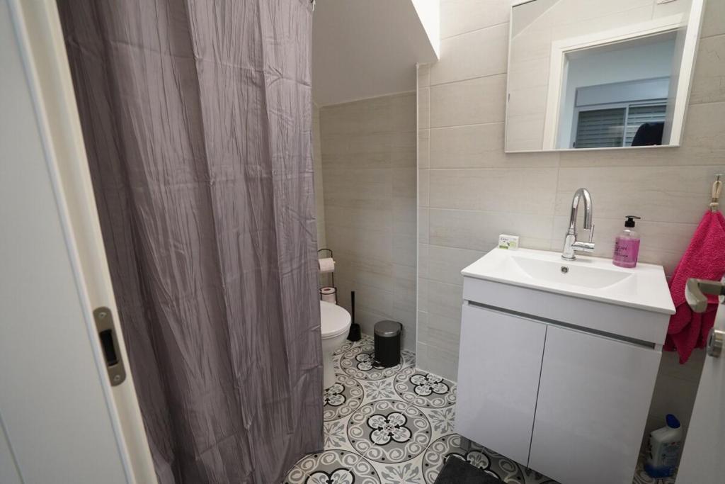 a bathroom with a sink and a shower and a toilet at Falkor's Nest in Atlit