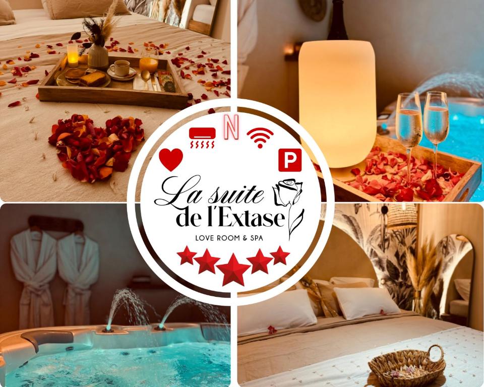 a collage of pictures of a hotel room with a swimming pool at L'EXTASE - LOVE ROOM - Jacuzzi privé & Terrasse - Parking et Wifi Gratuit - Elégance & Confort - Une expérience Détente et Sensuelle à votre portée ! OFFRE SPÉCIALE in Puget-sur Argens